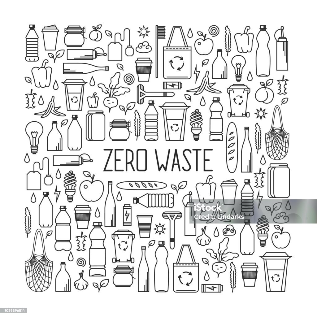 Zero waste concept. Line art collection of eco and waste elements Zero waste concept. Monochrome line art collection of eco and waste elements. Garbage stock vector