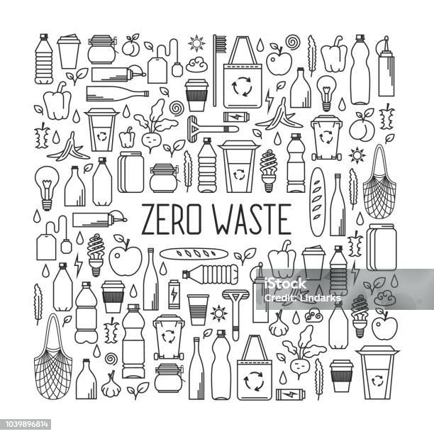 Zero Waste Concept Line Art Collection Of Eco And Waste Elements Stock Illustration - Download Image Now