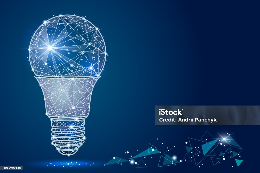 light bulb abstract design, in low poly style, in the form of lines and stars on a blue background light bulb abstract design, in low poly style, in the form of lines and stars on a blue background.  abstract polygonal image mash line and point. Digital graphics. Vector Innovation stock vector