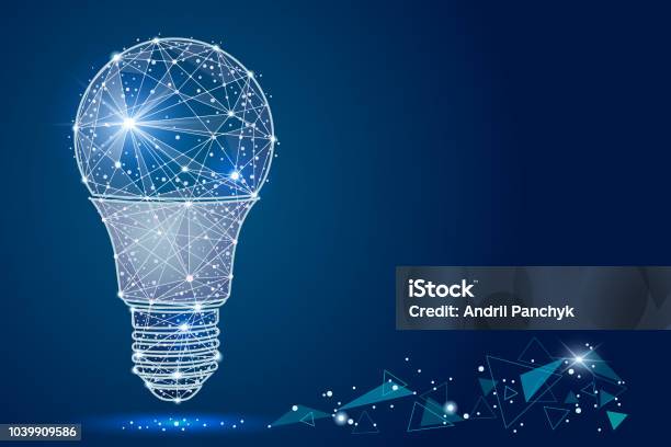 Light Bulb Abstract Design In Low Poly Style In The Form Of Lines And Stars On A Blue Background Stock Illustration - Download Image Now