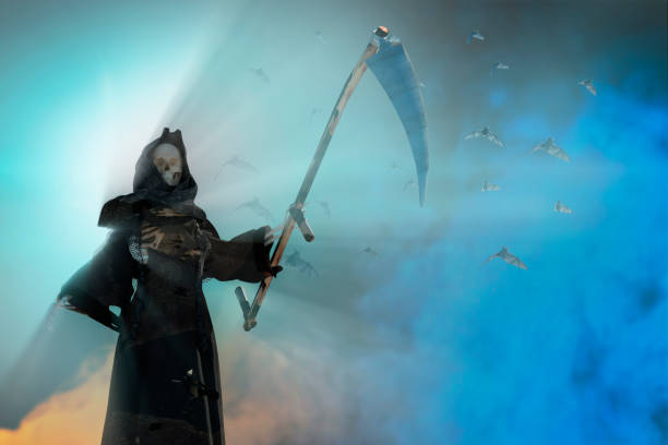 istock a death in the hood, grim Reaper standing on Halloween background 3D render 1039916366