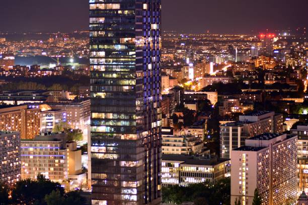 istock Night lights, city office building downtown, cityscape view 1039930892