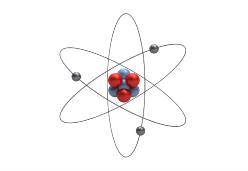 Model of atom and elementary particles. Physics concept. 3D rendered illustration.