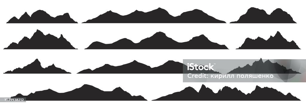 Mountains silhouettes. Vector. Mountains silhouettes on the white background. Wide semi-detailed panoramic silhouettes of highlands, mountains and rocky landscapes. Isolated Row of Mountains in Vector Illustration. Mountain stock vector