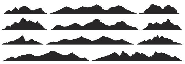 Mountains silhouettes. Vector. Mountains silhouettes on the white background. Wide semi-detailed panoramic silhouettes of highlands, mountains and rocky landscapes. Isolated Row of Mountains in Vector Illustration. mountain stock illustrations