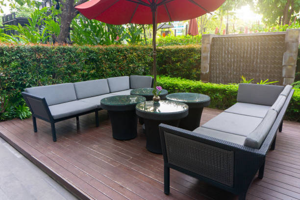 istock Empty tables at an outdoor restaurant in hotel resort in summertime 1039939314