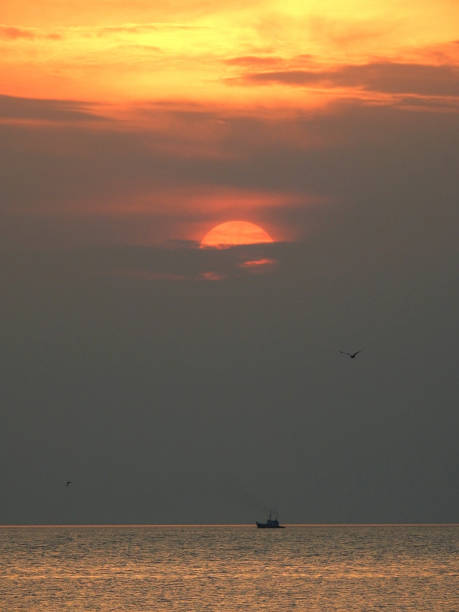 coucher du soleil et bateau solitaire en mer de thaïlande - scow photos et images de collection