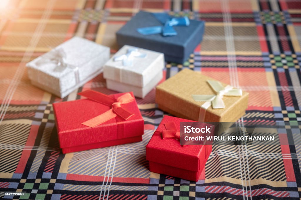 Cute gift boxes for Xmas, colorful gifts box, Christmas presents in decorative boxes, Gift boxes for holiday. Anniversary Stock Photo