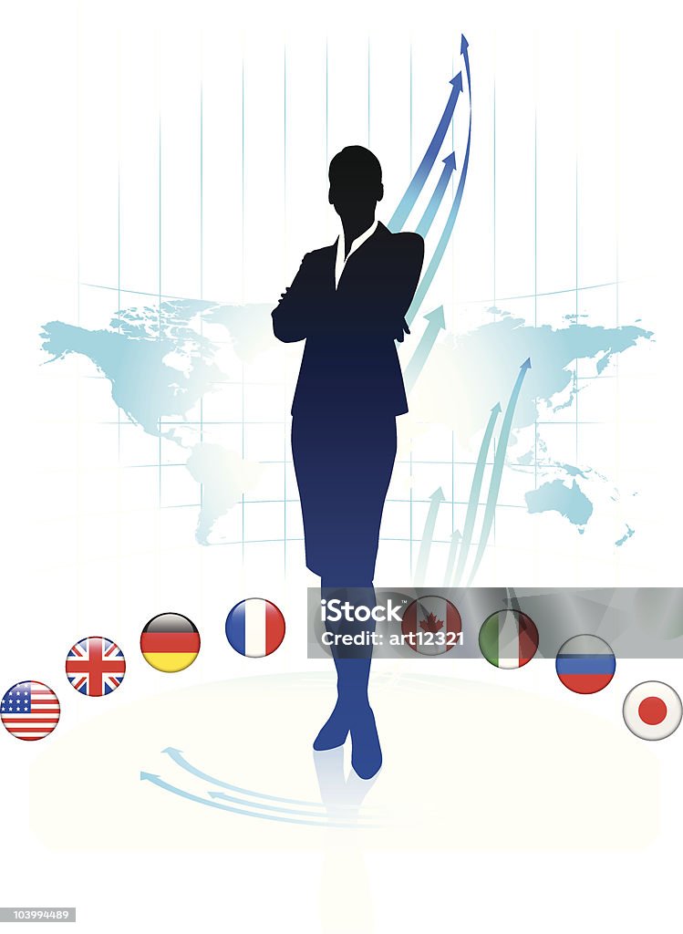 Donna d'affari con la mappa del mondo e bandiera pulsanti - arte vettoriale royalty-free di Adulto