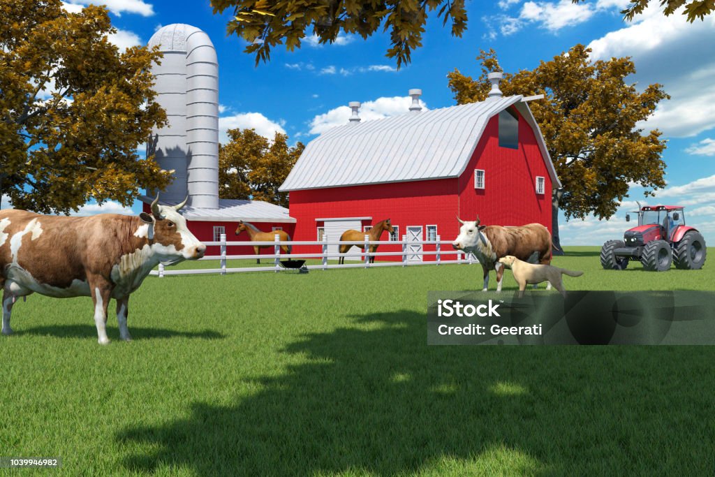 Farm Scene With Red Barn And Farm Animals Stock Photo - Download Image Now  - Barn, Farm, Animal - iStock