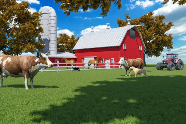 Photo of Farm scene with red barn and farm animals