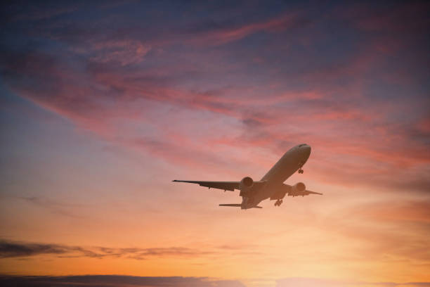 istock Silhouette of plane fly on sky during sunset. 1039950834