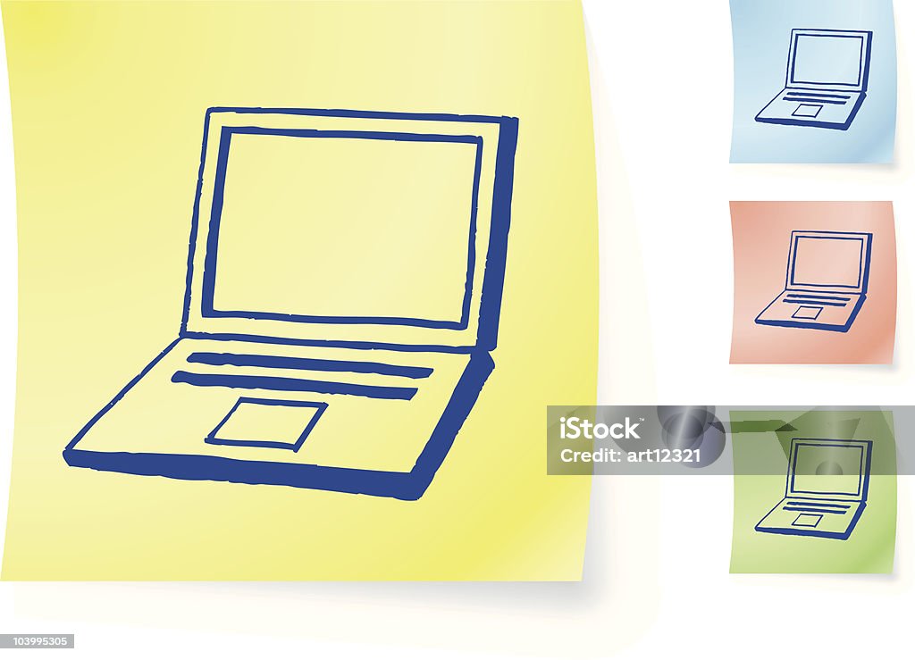 Hand-drawn un ordinateur portable sur un feuillet autoadhésif - clipart vectoriel de Bleu libre de droits