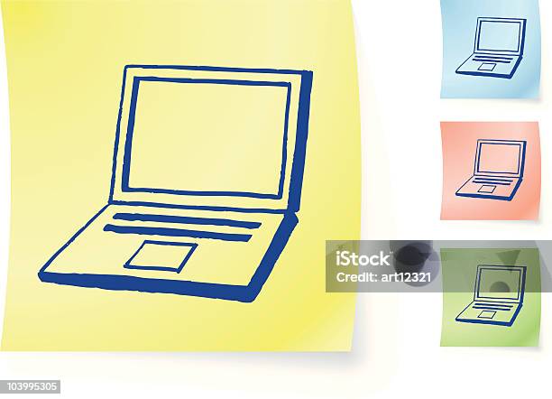 Mãoextraídas Computador Portátil Na Nota Autocolante - Arte vetorial de stock e mais imagens de Azul