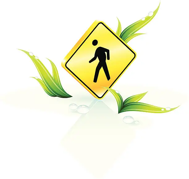 Vector illustration of Pedestrian crossing sign on grass background