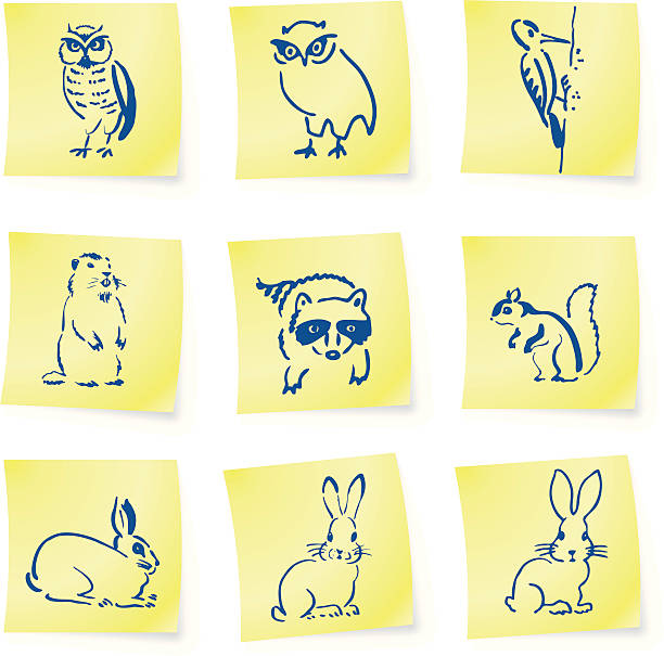 forest creatures drawings on post it notes vector art illustration