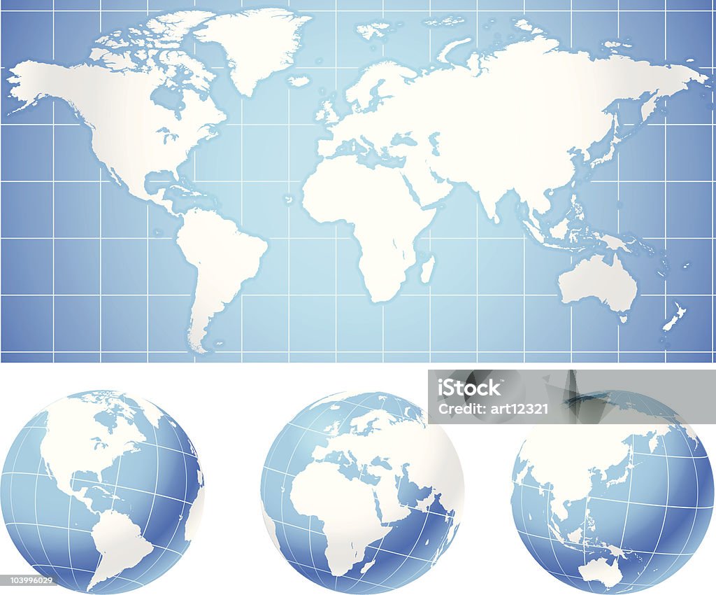 Mapa mundial con globos - arte vectorial de Globo terráqueo libre de derechos