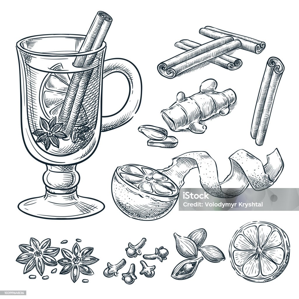 Mulled wine recipe, vector sketch illustration. Set of isolated hand drawn spices, ingredients. Mulled wine recipe, vector sketch illustration. Set of isolated hand drawn spices, ingredients. Hot alcohol drinks menu design elements. Orange - Fruit stock vector