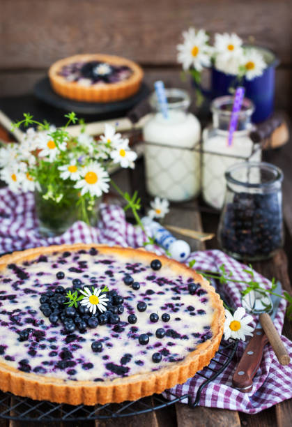 istock Fresh homemade creamy blueberry tart (open pie) on rustic background 1039975288
