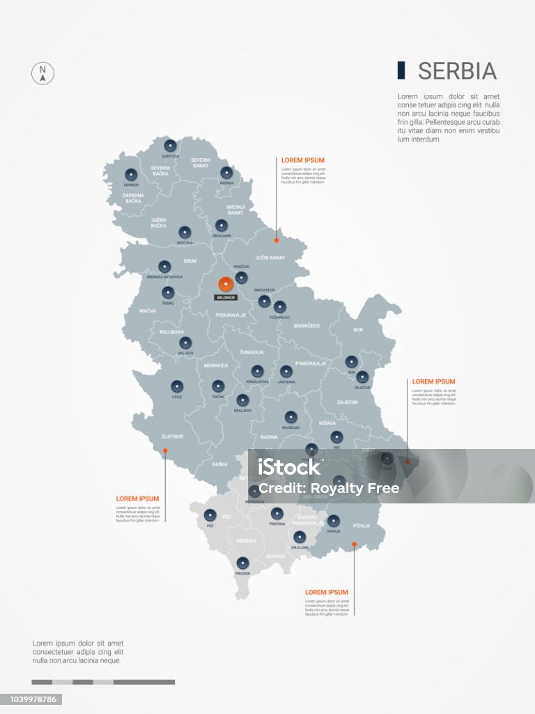 Serbia infographic map vector illustration. Serbia map with borders, cities, capital and administrative divisions. Infographic vector map. Editable layers clearly labeled. Serbia stock vector