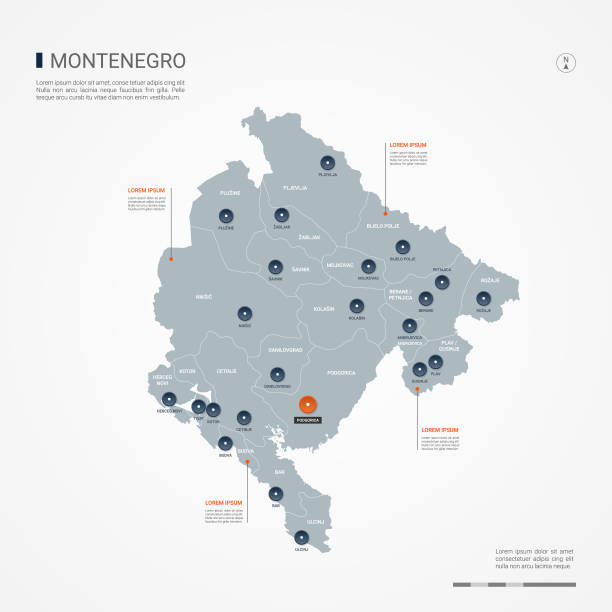 Montenegro infographic map vector illustration. Montenegro map with borders, cities, capital and administrative divisions. Infographic vector map. Editable layers clearly labeled. montenegro stock illustrations