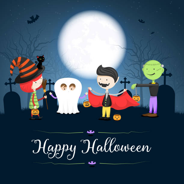 ilustraciones, imágenes clip art, dibujos animados e iconos de stock de tarjeta de halloween con los niños disfrazados en un cementerio - child silhouette animal copy space