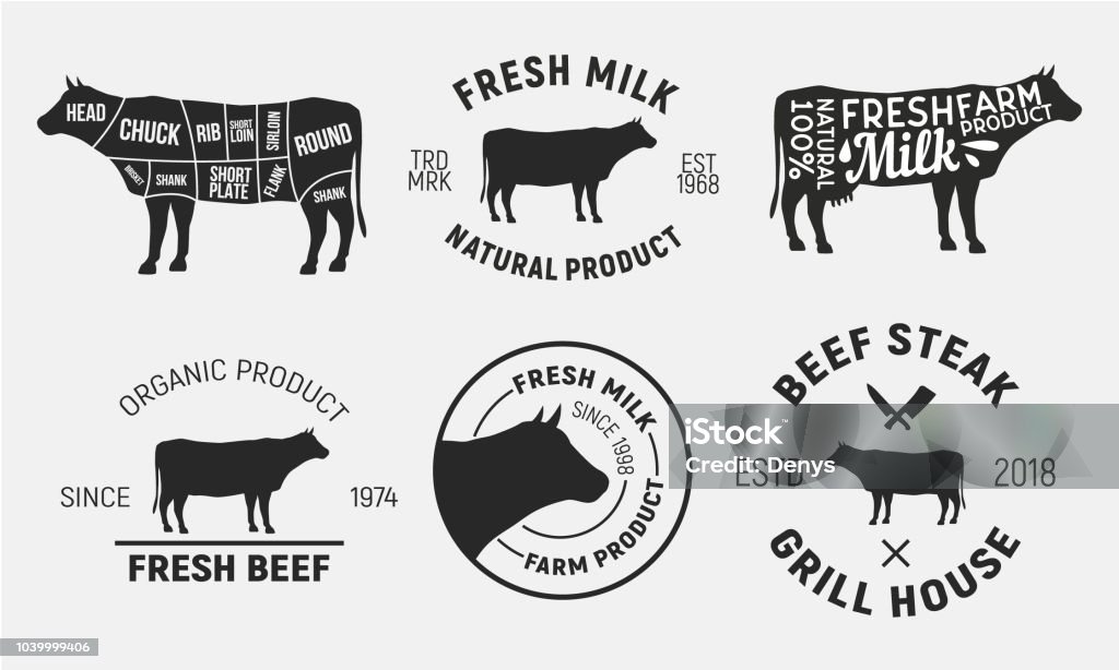 Emblèmes de la vache. Ensemble de 6 vache, des emblèmes de la viande bovine et des affiches. Style vintage. Illustration vectorielle - clipart vectoriel de Vache libre de droits