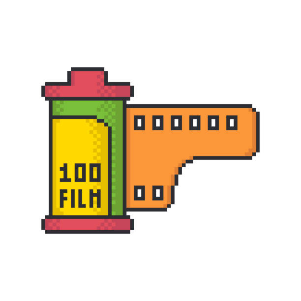 Retro camera roll pixel art style vector icon on white background. Pixel art style vector icon design. pixelated photos stock illustrations