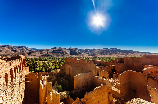 View on Kasbah Caids and palm agrden next to Tamnougalt in Draa valley - Morocco