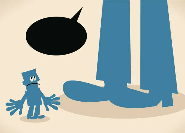 Vector illustration of Small man standing in front of a big foot