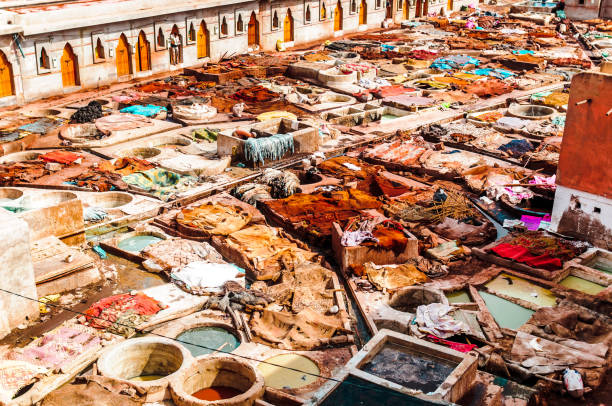 Aerial Fez medina cityscape over the famous leather tanneries.