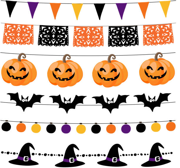 할로윈 이나 디 아 드 로스 안 돼, 일 빛, 멧 새 플래그, 호박과 박쥐 dea garlands의 집합입니다. 정원 파티 장식입니다. 벡터 개체를 격리합니다. - halloween pumpkin bunting backgrounds stock illustrations