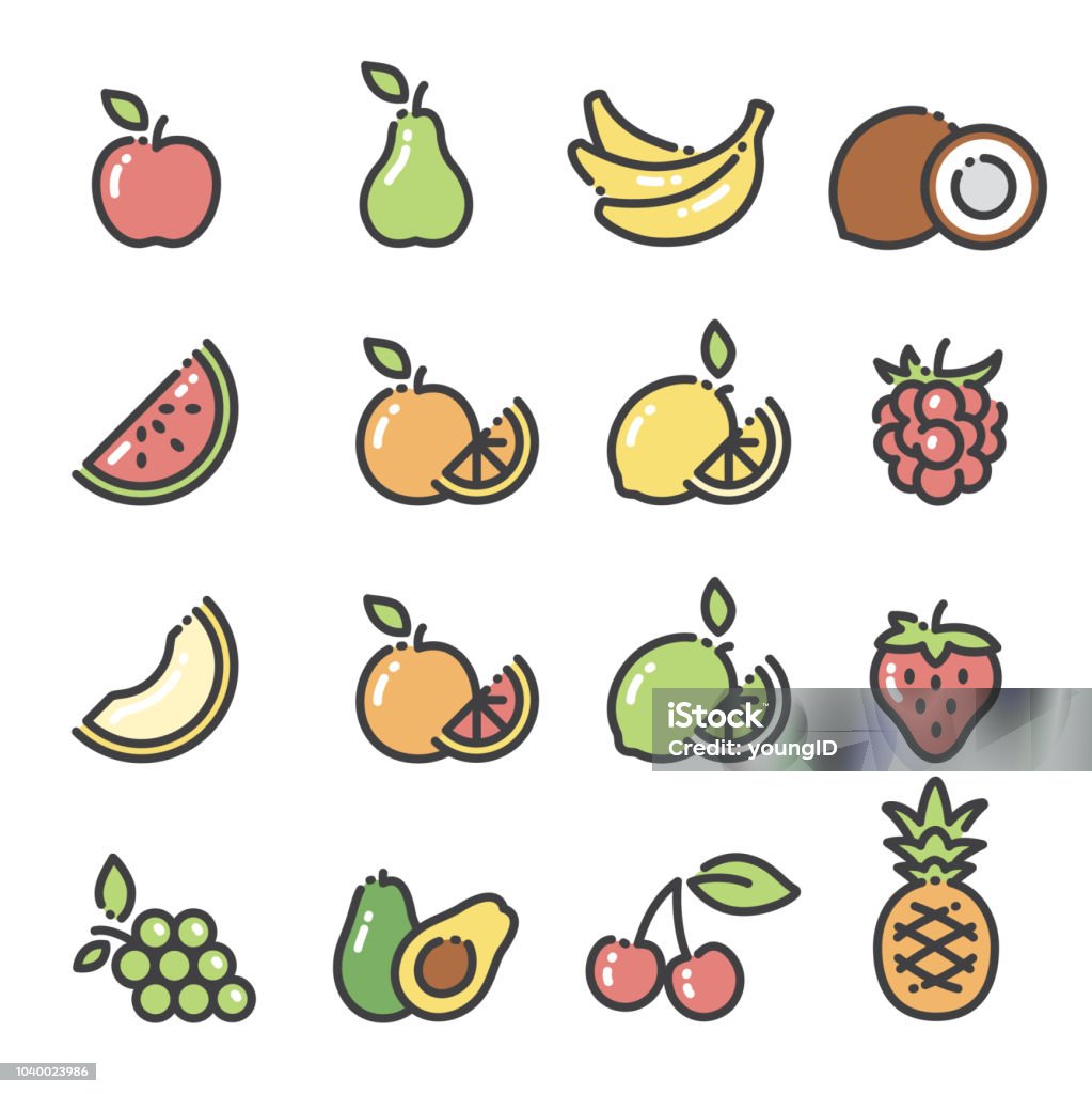 Fruits - line art icons set 1 Line art icons fruit icons - part 1. Includes apple, pear, bananas, grapes, raspberry, strawberry, orange, lemon. lime, grapefruit, avocado, pineapple, cherries, melon, watermelon and coconut. Icon stock vector