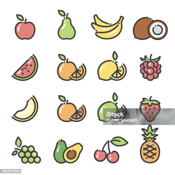 Fruits Line Art Icons Set 1 Stock Illustration - Download Image Now - Icon, Fruit, Lemon - Fruit