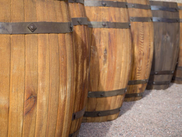 istock Wooden barrels in a row. Wine Barrels in Cellar 1040027900