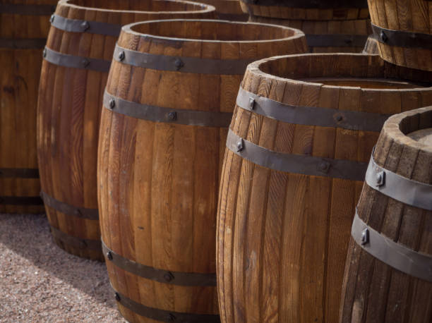 istock Wooden barrels in a row. Wine Barrels in Cellar 1040027904