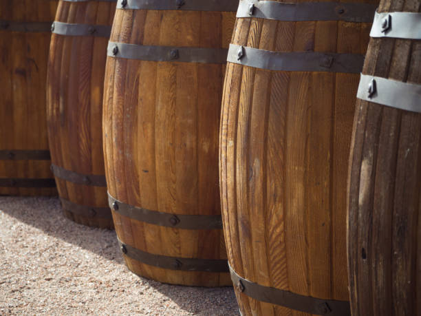 istock Wooden barrels in a row. Wine Barrels in Cellar 1040027906