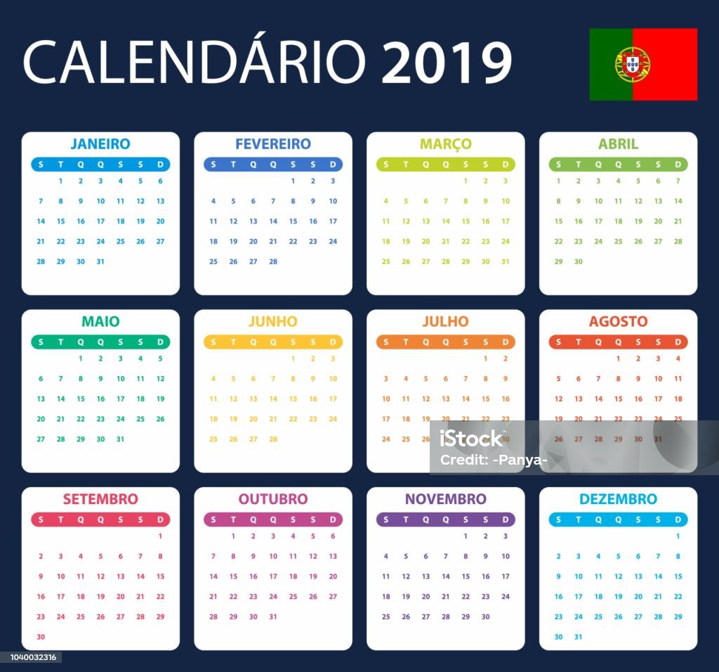 Portuguese Calendar for 2019. Scheduler, agenda or diary template. Week starts on Monday Calendar stock vector
