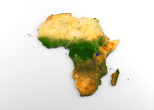 3D rendering of extruded high-resolution physical map (with relief) of the African continent, isolated on white background.\nModeled and rendered with Houdini 16.5\nSatellite image from NASA: https://visibleearth.nasa.gov/view.php?id=74092