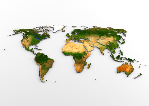 3D rendering of extruded high-resolution physical map (with relief) of the World, isolated on white background.\nModeled and rendered with Houdini 16.5\nSatellite image from NASA: https://visibleearth.nasa.gov/view.php?id=74092