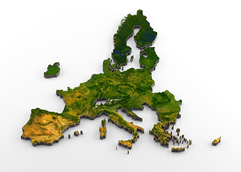 3D rendering of extruded high-resolution physical map (with relief) of the European Union after Brexit (including the United Kingdom), isolated on white background.\nModeled and rendered with Houdini 16.5\nSatellite image from NASA: https://visibleearth.nasa.gov/view.php?id=74092