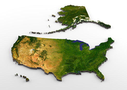 3D rendering of extruded high-resolution physical map (with relief) of the USA, including Alaska and Hawaii, isolated on white background.\nModeled and rendered with Houdini 16.5\nSatellite image from NASA: https://visibleearth.nasa.gov/view.php?id=74092