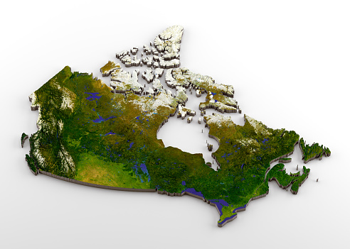 3D rendering of extruded high-resolution physical map (with relief) of Canada, isolated on white background.\nModeled and rendered with Houdini 16.5\nSatellite image from NASA: https://visibleearth.nasa.gov/view.php?id=74092