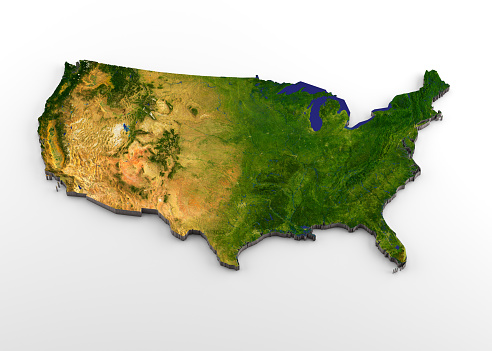 3D rendering of extruded high-resolution physical map (with relief) of the contiguous 48 USA States, isolated on white background.\nModeled and rendered with Houdini 16.5\nSatellite image from NASA: https://visibleearth.nasa.gov/view.php?id=74092