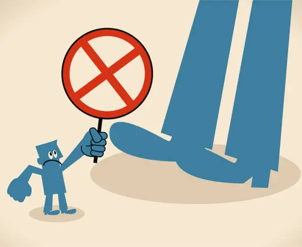 Vector illustration of Small man showing a cross-shaped sign to a big foot