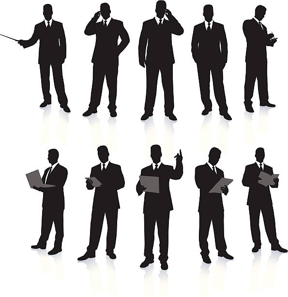 Young business men silhouettes working in suits vector art illustration