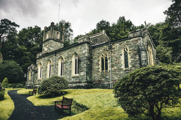 Historic church building featuring traditional gothic architecture under a cloudy sky