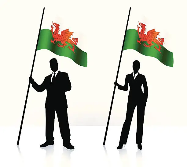 Vector illustration of Business silhouettes with waving flag of Wales