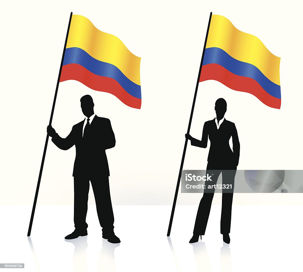 Бизнес силуэты с размахивающий лапами Флаг Колумбия - Векторная графика Белый фон роялти-фри