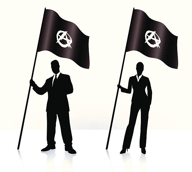 ilustrações, clipart, desenhos animados e ícones de silhuetas de negócios com acenando a bandeira anarquia - símbolo da anarquia ilustrações